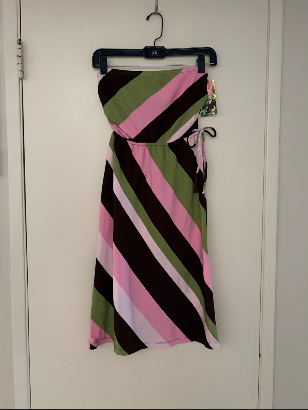 FANG Strapless Diagonal Stripe Rayon/Span Knit Midi Dress in Pink, Green, Brown!